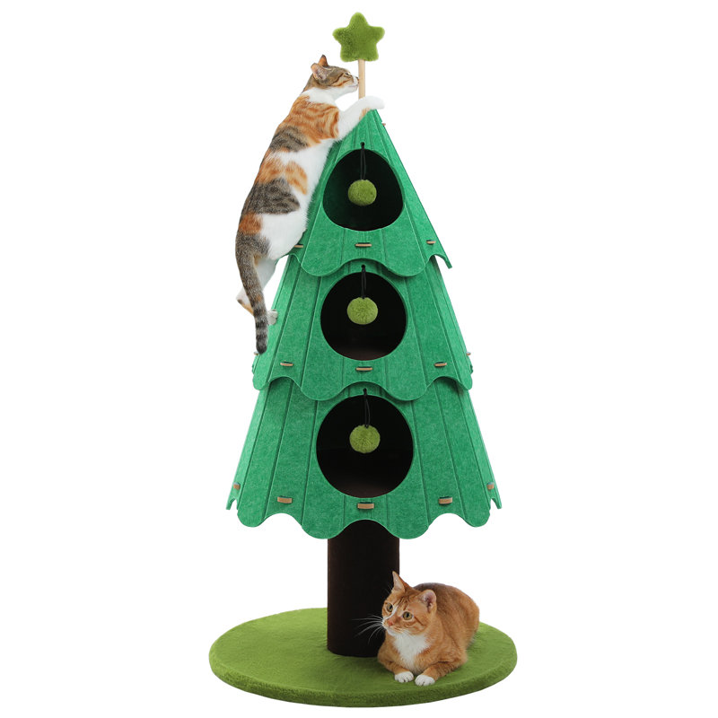 53"H Christmas Tree Cat Tree With Playful Balls