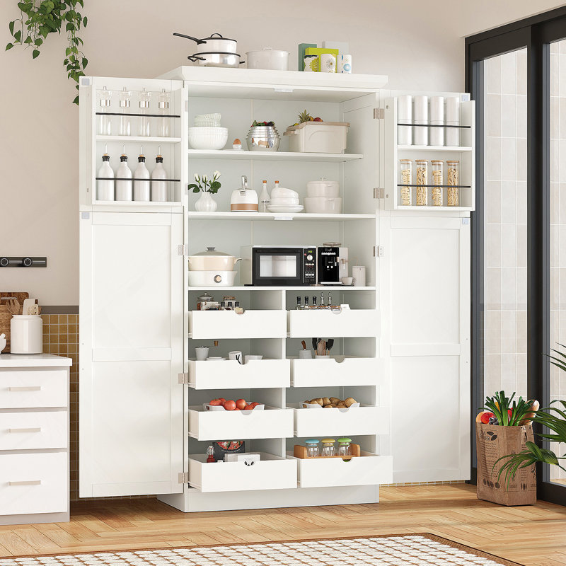 Armoire de cuisine autoportante 35,5 x 17,6 x 70,9 pouces, armoire de rangement haute avec 4 portes, 2 tablettes de porte, 8 plateaux coulissants et tablette réglable pour la salle à manger, blanc