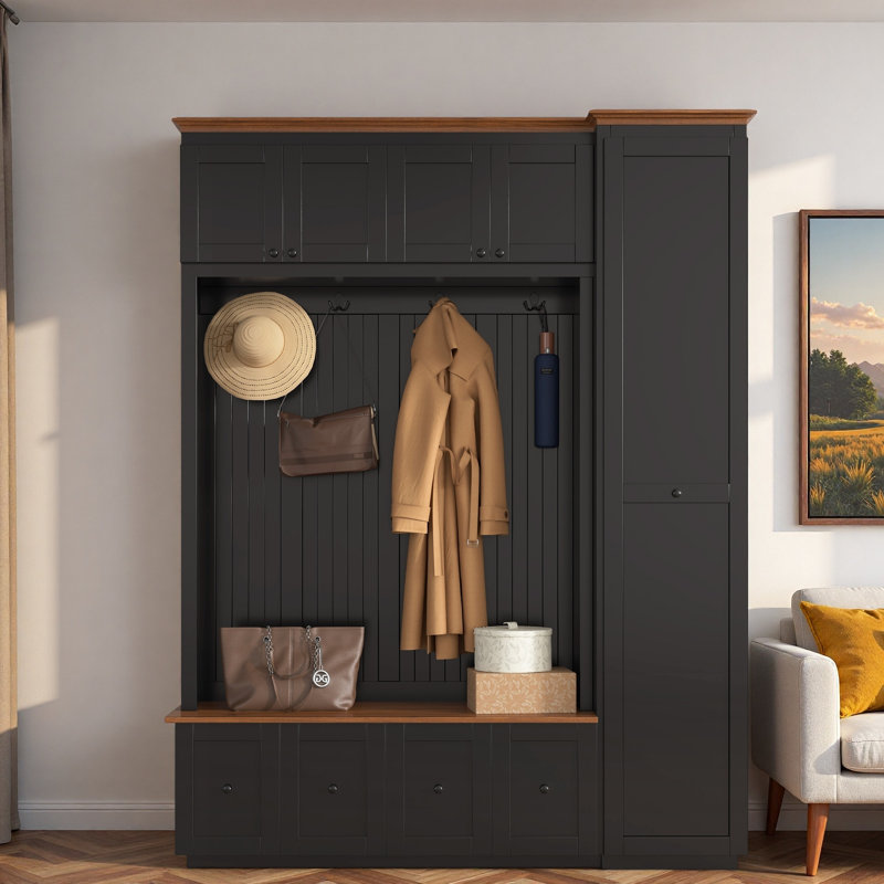 5-in-1 Hall Tree With Bench, Coat Rack, Drawers, Cabinets And Extra-large Side Storage Space, Black
