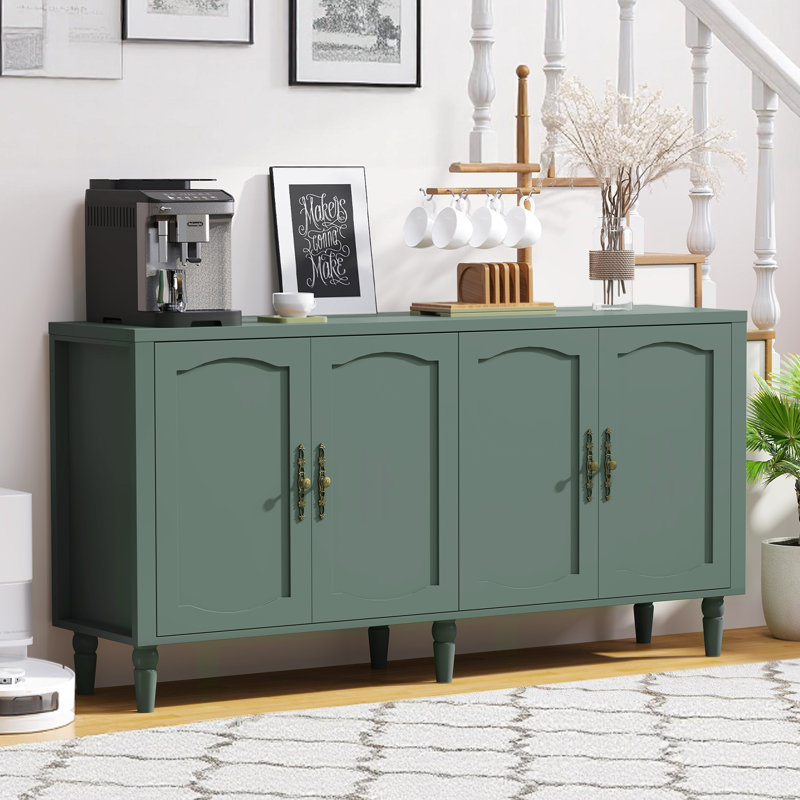 Buffet de cuisine de 160 cm de large avec 4 portes et tablettes ajustables, White