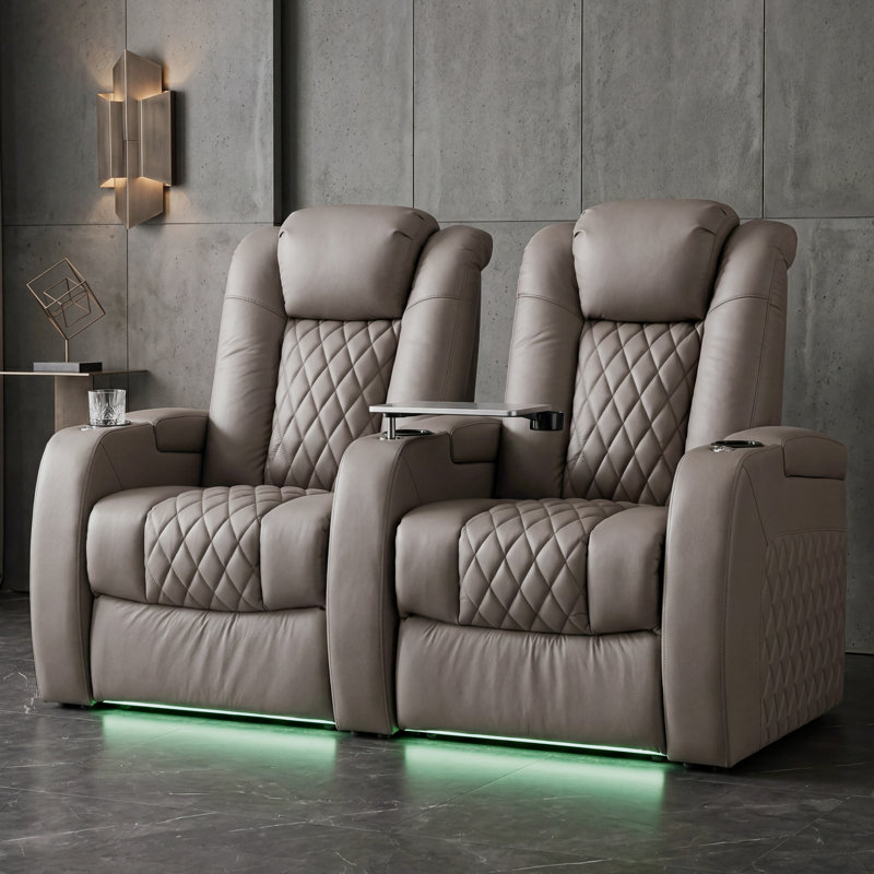 Fauteuil inclinable électrique berçant en cuir véritable avec éclairage ambiant à DEL 7 couleurs, appui-tête réglable, charge USB et porte-gobelet pour le cinéma maison