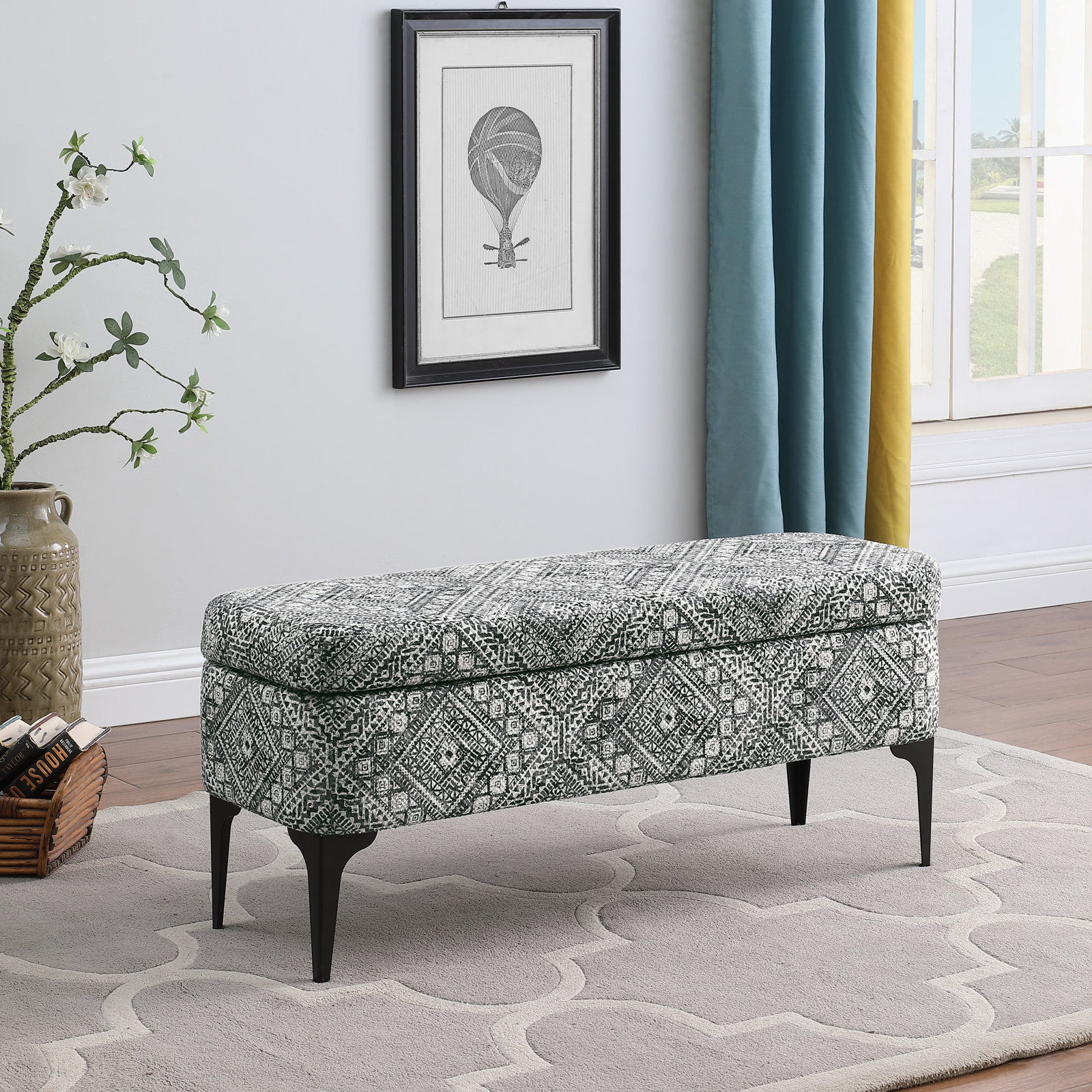 Ameelya 42" Velvet Bedroom Bench, Tribal Black and White