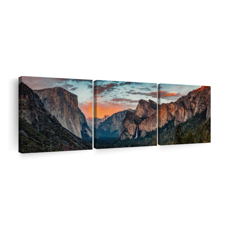 «Mountain Yosemite Sunset Splendor» sur toile, reproduction de 3 pièces, H 36 po x l 110 po