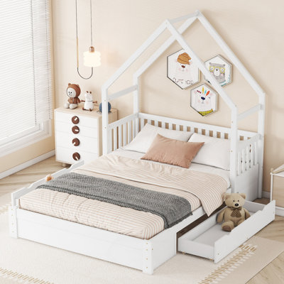 Wood Queen Size House Platform Bed With Guardrail And 2 Drawers, White