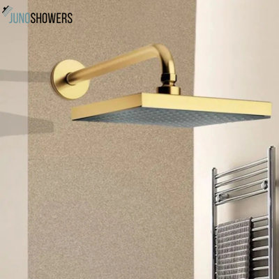 Tête de douche à pluie dorée Juno 12, fixation au plafond, acier inoxydable, finition plaquée or, lumières à température variable