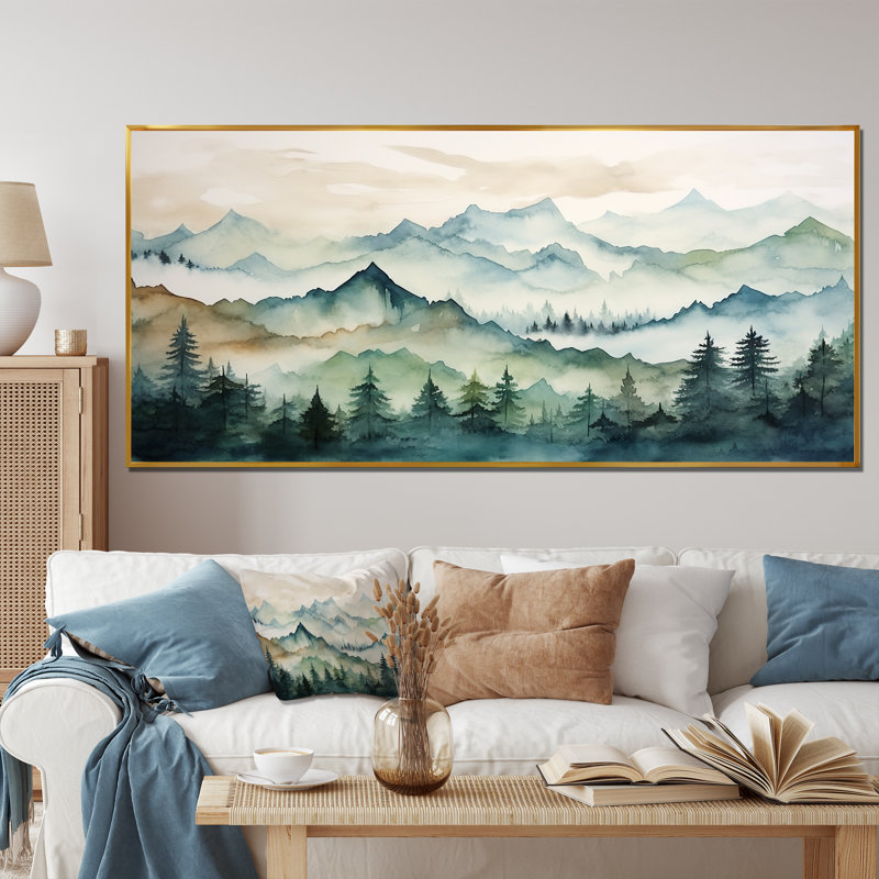 Sommet vert, montagnes du Japon - Art encadré au Japon, Cadre flottant doré, H 28 po x l 60 po x P 1,5 po