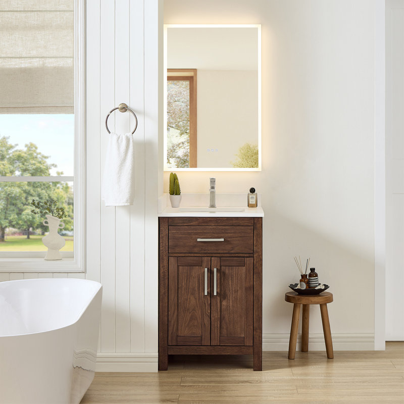 Beckett 24" Freestanding Single Bathroom Vanity with Cultured Marble Top, Matte Black, White Cultured Marble, Whitewashed Oak