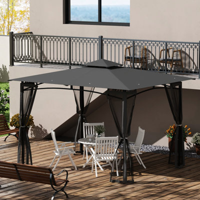 Gazebo extérieur 3 m x 3,6 m avec moustiquaire, toit double pour jardin, pelouse, terrasse, métal robuste, gris foncé, fixation par vis