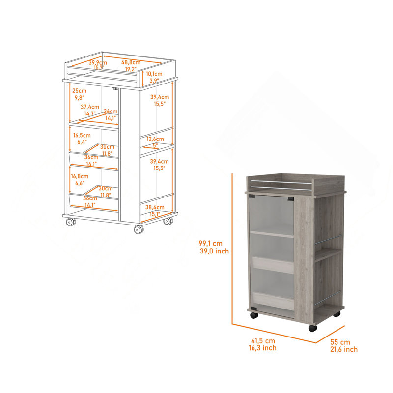 Chariot-bar avec roulettes, porte en verre et tablette à 2 côtés, Grey