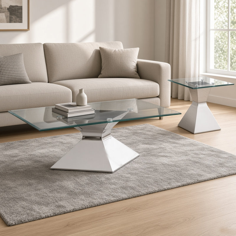 Ensemble de table basse et de table de bout 2 pièces Tani, plateau en verre, base chromée en forme de sablier