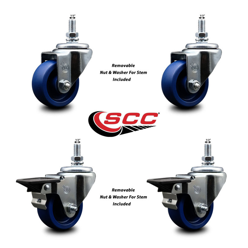 3 Inch_Solid Polyurethane ½ Inch Threaded Stem Caster Set 2 Brakes SCC