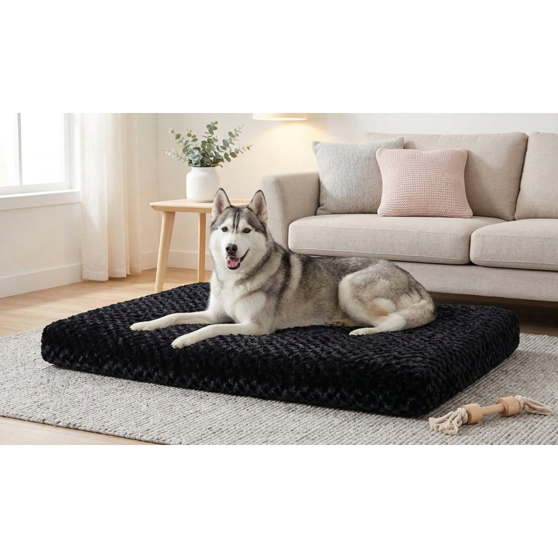 Lit pour chien lavable à la machine avec un fond antidérapant, un coussin pour chenil moelleux, une surface de couchage confortable pour les chiens de grande race, une finition noire