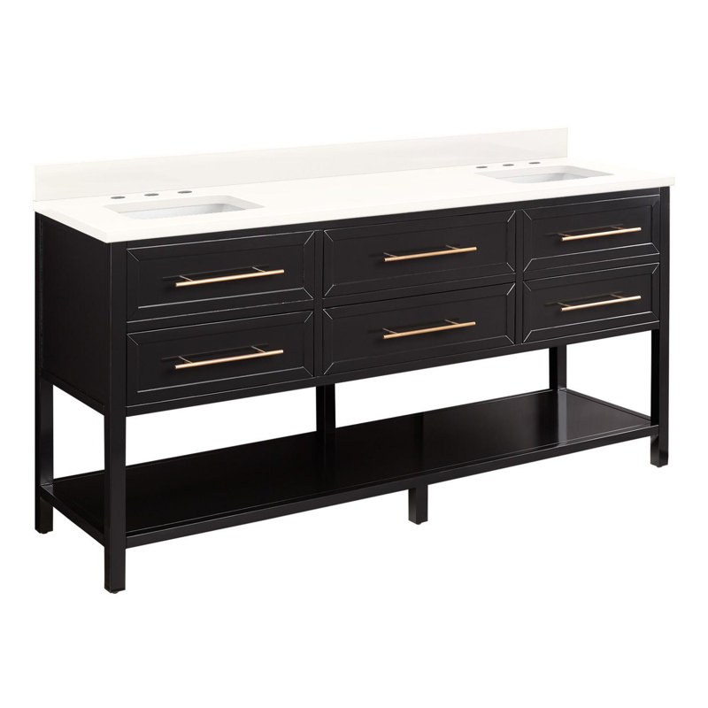 72" Robertson Double Bathroom Vanity Set with Rectangular Undermount Sinks, 8" Widespread, Feathered White Quartz, Black