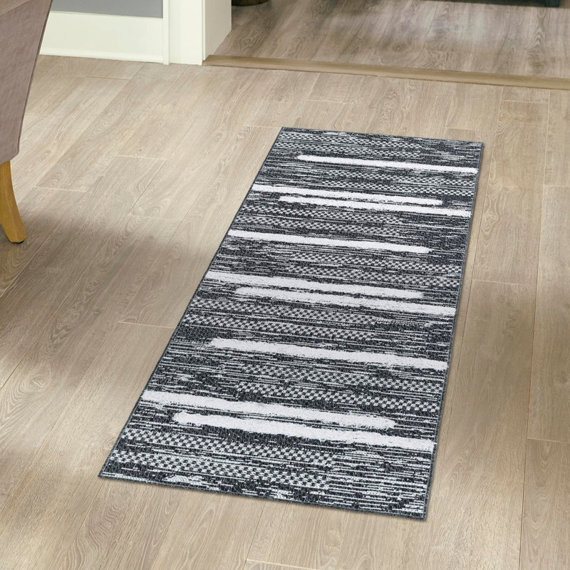 Tapis rayé noir en coton tissé à la machine Jettye, Tapis de couloir 2 pi 7 po x 10 pi