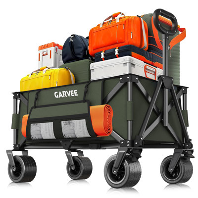 Foldable Heavy Duty Utility Wagon, 209KG Capacity Collapsible Cart with 360° All-Terrain Brake Wheels, Adjustable Rebound Handle & Extra Storage for Camping Garden Shopping