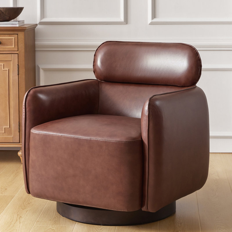 Mahvish Genuine Leather Swivel Rocker Barrel Chair With Adjustable Headrest, Brown