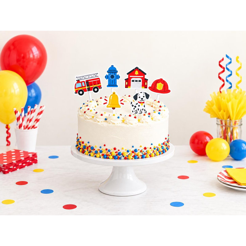Décorations de gâteau sur le thème des pompiers, pics décoratifs pour anniversaire en forme de camion de pompiers, lot de 6 en carton sur le thème des pompiers