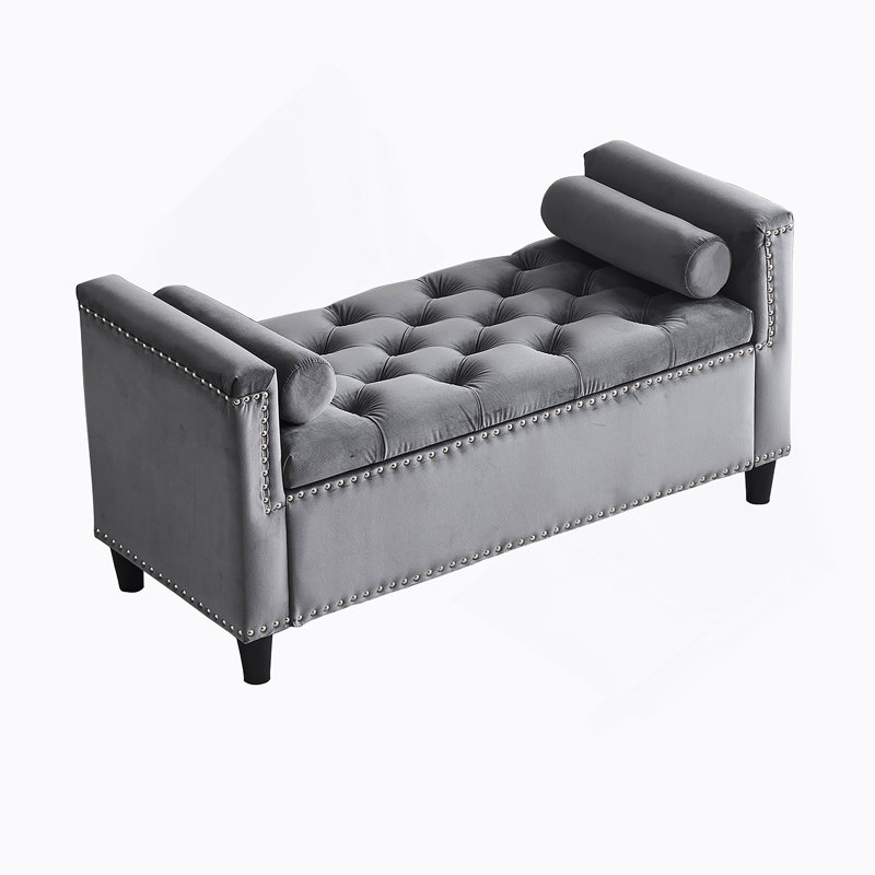 Upholstered Storage Bench, Queen Velvet Button Bedside Bench, Entryway Living Room With Armrests, Nailhead Trim, Gray