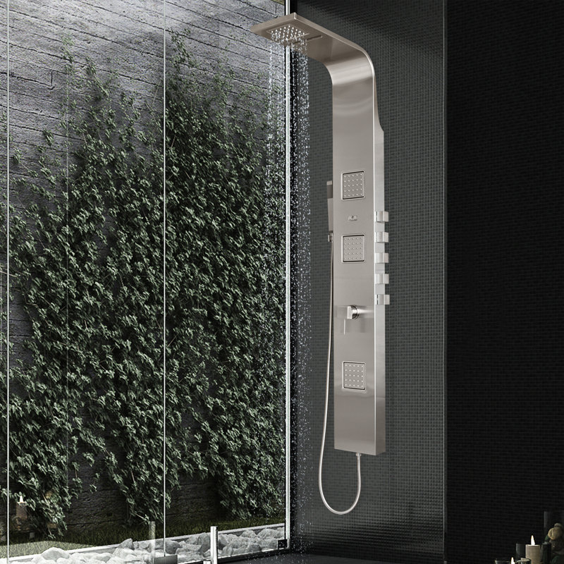 Waimea 6-in ShowerSpa with Dual-function Rain and Waterfall Showerhead with 3-Oversized Body Sprays and Handshower Brushed Stainless Steel