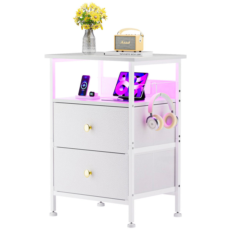 White LED Nightstand with 3 Drawers and Charging Station