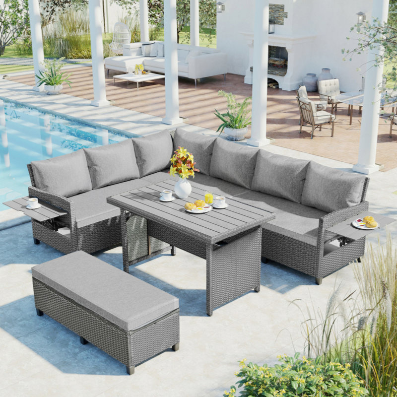 Modern 5 Piece Rattan Sectional Seating Group with Cushions, Gray, Gray