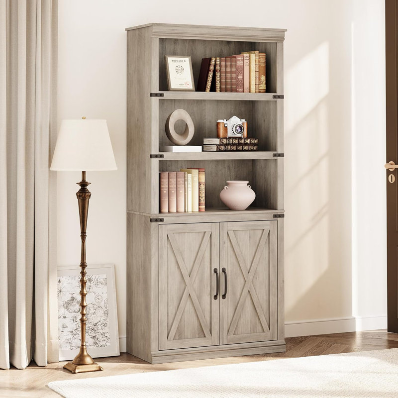 Bibliothèque à 5 niveaux avec rangement, bibliothèque de 68,7 po de hauteur, armoire de rangement en bois, Gris