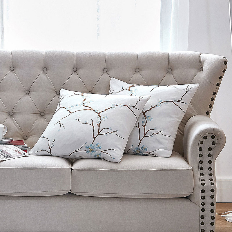 Cherry Blossom Embroidered Pillow Cover, Light Blue