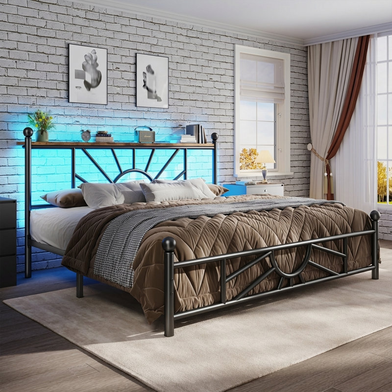 Vintage Metal Bed Frame with LED Lights, Storage Headboard & 10.2" Under Bed Storage, Noise-Free Sturdy Platform Bed, Queen