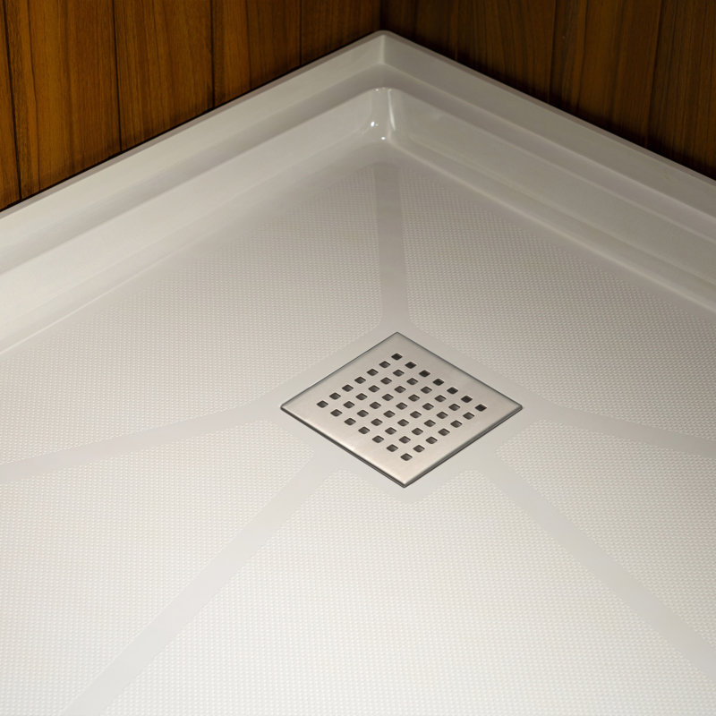 WOODBRIDGE 38 In. X 38 In. Solid Surface Neo-Angle Shower Base Pan Drain Cover, Brushed Nickel/White