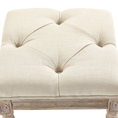 16" Vintage Ottoman, Tufted Foot Stool with Upholstered Seat, Rustic Wood Legs