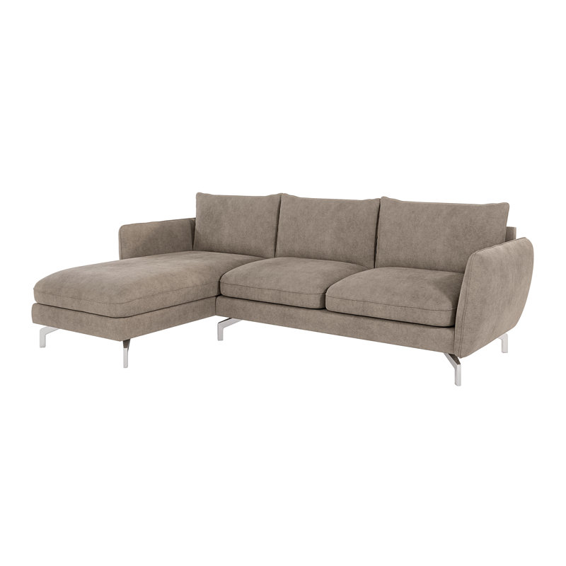 Modern Corner Chaise Sofa Kimo with Silver Metal Legs, Left Hand Facing, Dark Beige