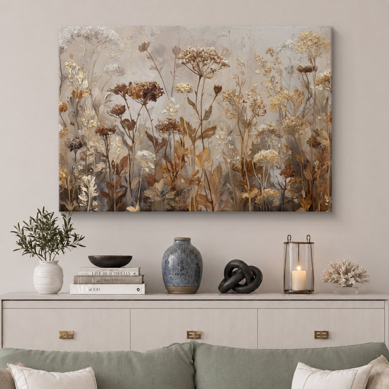 «Neutral Toned Dried Wildflowers Field», reproduction d'art sur toile encadrée, H 32 po x l 48 po x P 1,5 po, Toile tendue