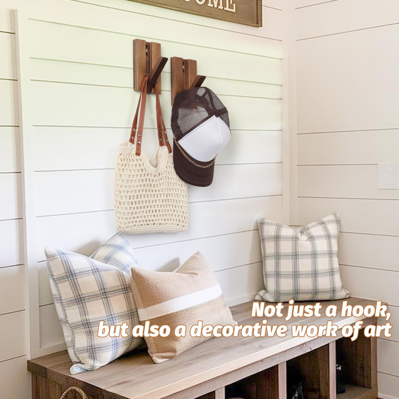 Paquet de 2 crochets muraux pliables: crochets en bois rustique montés pour des sacs de chapeaux suspendus robustes, des serviettes de plage, un design minimaliste peu encombrant
