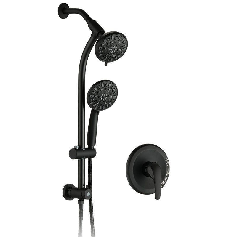 Wall Mounted Shower System With Drill- Stainless Steel Slide And 7-Setting Dual Heads In Matte Black Bar