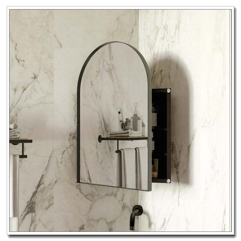 Pharmacie de coin en métal avec miroir arqué, tablettes en verre réglables, rangement de salle de bain peu encombrant pour les petits espaces