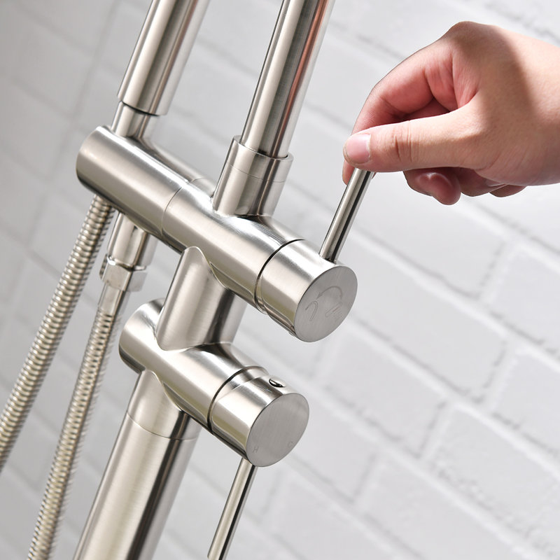 Brushed Nickel Freestanding Floor Mount Tub Filler Faucet with Handheld Shower
