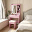  Petit meuble-lavabo de maquillage avec lumières DEL réglables et miroir, prise de courant intégrée et support pour sèche-cheveux avec 2 tiroirs et tablette, coiffeuse avec tabouret pour chambre à coucher, blanc