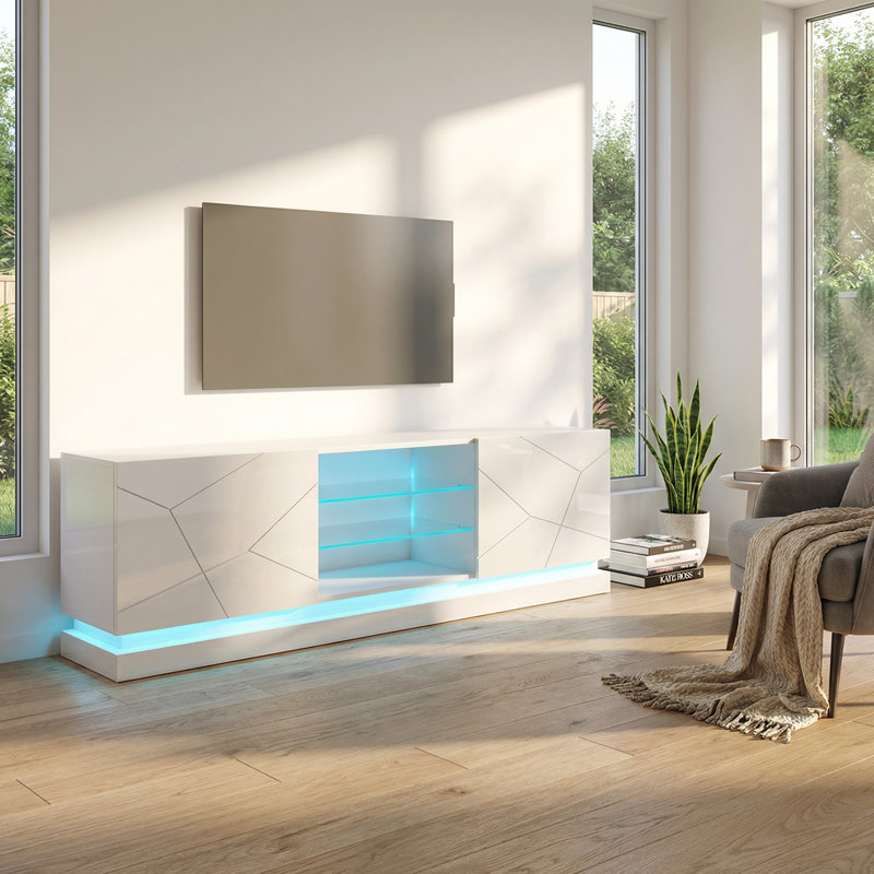 Meuble télé 70 po avec éclairage DEL, finition ultrabrillante, rangement multimédia Orduna, 79"