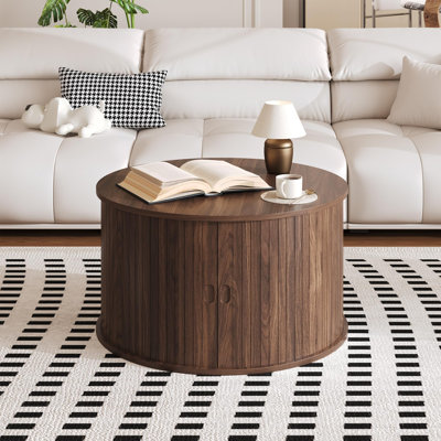 28" Round Coffee Table with Storage, Mid Century Modern Fluted Accent Table with  Sliding Tambour Door for Living Room, Oak