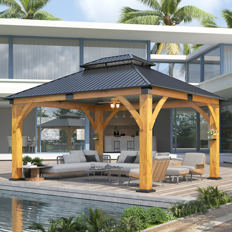 Outdoor Spruce Wood Gazebo with Galvanized Steel Hardtop, Permanent Wooden Frame Gazebo with Durable Structure & Double Roof