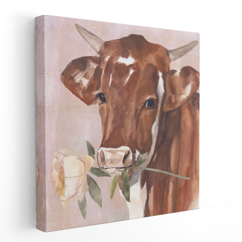 Peony Cow I - reproduction d'art sur toile, H 30 po x l 30 po
