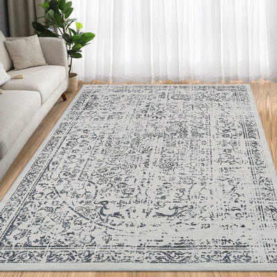 Oriental Machine Washable Rug Non-Slip Area Rug for Living Room Low-Pile Rug Indoor Floor Cover Floral Rug for Bedroom Dining Room Hallway Kitchen Office