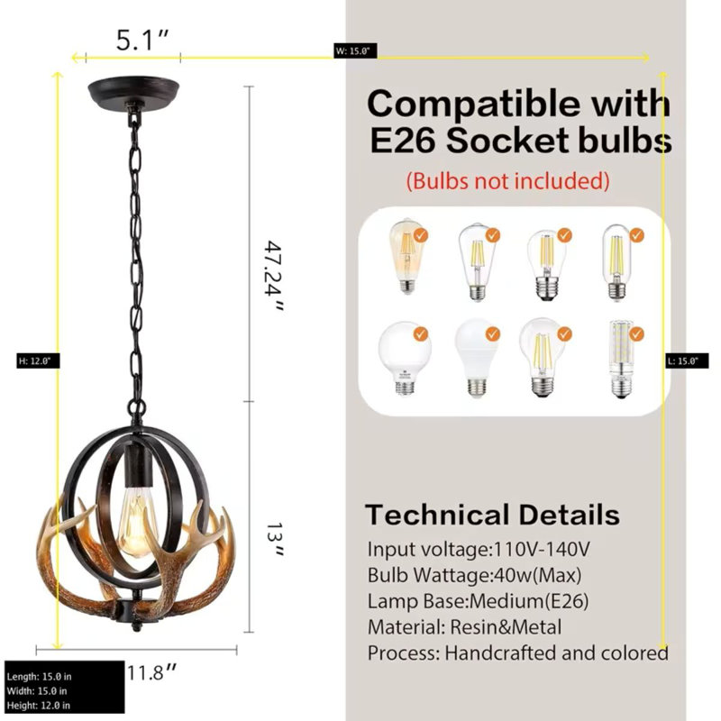 Rustic Style Antler Pendant Light, Globe Design, E26 Base, Brown Finish, Ideal For Kitchen & Dining Room