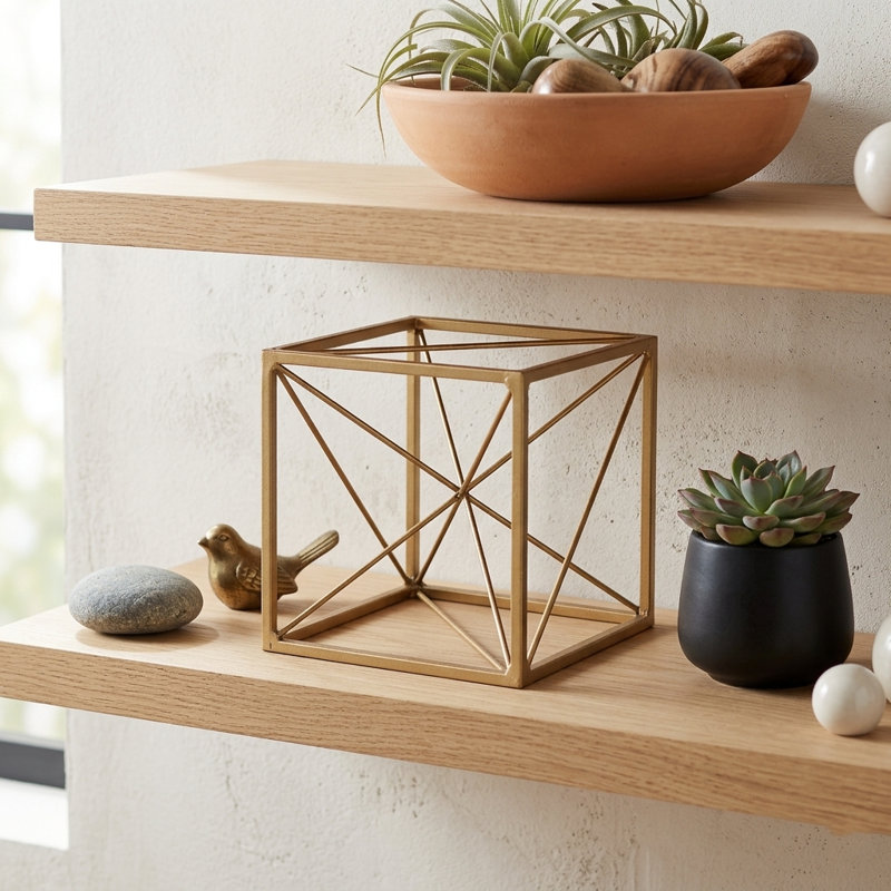 Emel Small 6" Modern Metal Cube Sculpture with Gold Finish and Abstract Center, Small