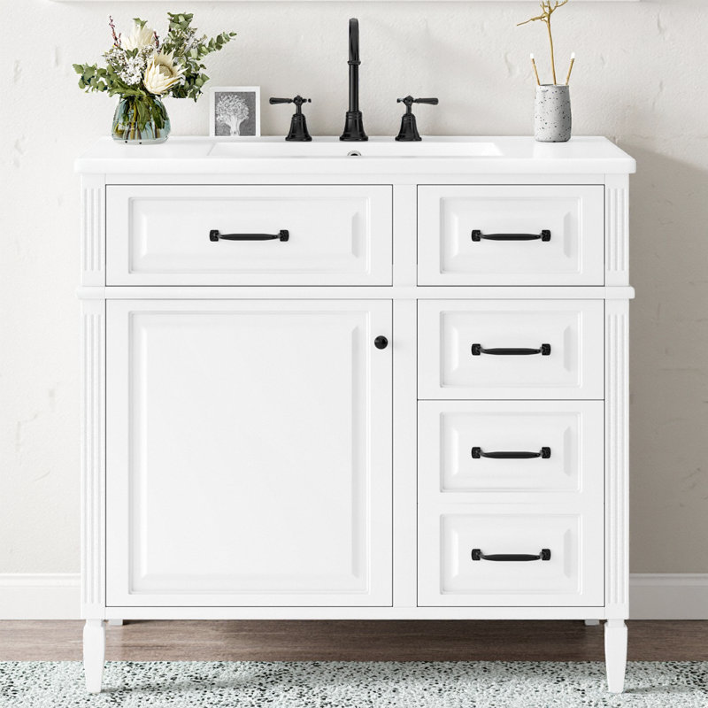 Meuble-lavabo moderne avec lavabo 36 po, armoire de rangement intelligente avec 2 tiroirs rabattables et tablette réglable, meuble-lavabo autoportant en bois massif