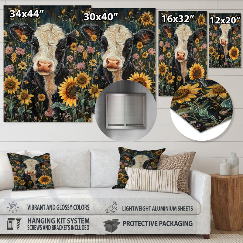 Vache peignant avec pivoines - art mural en métal pour salon, H 32 po x l 16 po
