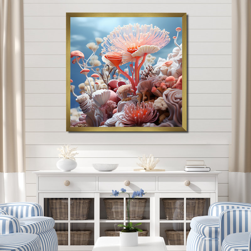 Explorations de récifs coralliens roses - art de corail, H 16 po x l 16 po x P 1 po, Cadre doré simple