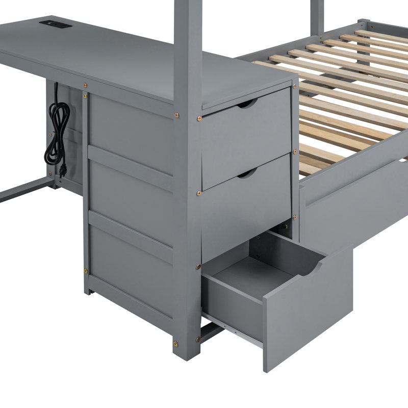 Lit superposé gris Twintwin avec bureau, lit gigogne simple et rangement - Optimisez votre chambre pour une expérience de vie confortable et efficace