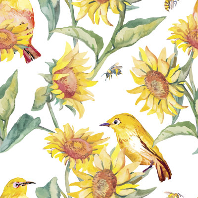 White-Eye Bird, Sunflower by ElizavetaBoyur - Wrapped Canvas Print