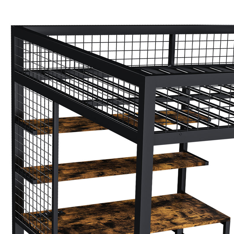Espace - Lit mezzanine de taille efficace avec tablettes ouvertes, station de charge et design, noir conçu en métal massif